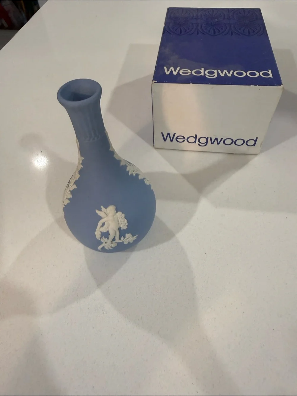Wedgwood Blue Jasper-Style Bud Vase with White Relief